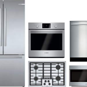 Bosch 800 5 Piece Kitchen Appliances Package with French Door Refrigerator, Dishwasher and Over the Range Microwave in Stainless Steel BORECTWODWRH427