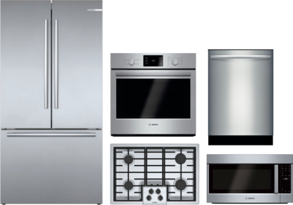 Bosch 800 5 Piece Kitchen Appliances Package with French Door Refrigerator, Dishwasher and Over the Range Microwave in Stainless Steel BORECTWODWRH427