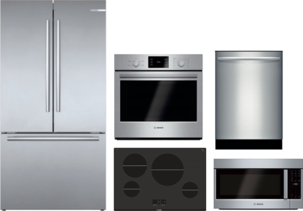 Bosch 800 5 Piece Kitchen Appliances Package with French Door Refrigerator, Dishwasher and Over the Range Microwave in Stainless Steel BORECTWODWRH428