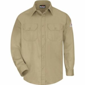 Bulwark Men's Lightweight FR Chambray Uniform Dress Shirt Khaki, Medium Tall - Men's Longsleeve Work Shirts at Academy Sports