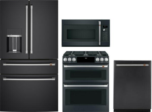 Cafe 4 Piece Kitchen Appliances Package with French Door Refrigerator, Dual Fuel Range, Dishwasher and Over the Range Microwave in Matte Black CAFRERA