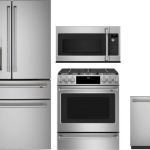 Cafe 4 Piece Kitchen Appliances Package with French Door Refrigerator, Dual Fuel Range, Dishwasher and Over the Range Microwave in Stainless Steel CAF