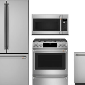 Cafe 4 Piece Kitchen Appliances Package with French Door Refrigerator, Dual Fuel Range, Over the Range Microwave and Dishwasher in Stainless Steel CAF