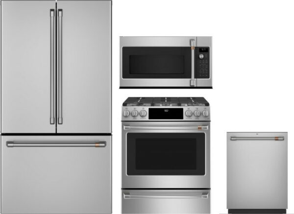 Cafe 4 Piece Kitchen Appliances Package with French Door Refrigerator, Dual Fuel Range, Over the Range Microwave and Dishwasher in Stainless Steel CAF