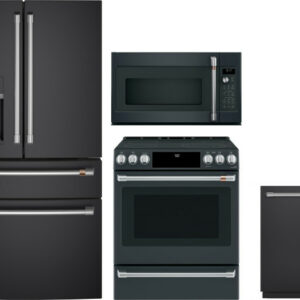 Cafe 4 Piece Kitchen Appliances Package with French Door Refrigerator, Electric Range, Dishwasher and Over the Range Microwave in Matte Black CAFRERAD