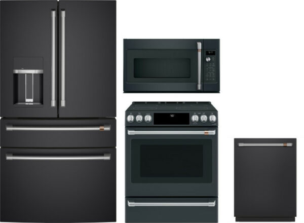 Cafe 4 Piece Kitchen Appliances Package with French Door Refrigerator, Electric Range, Dishwasher and Over the Range Microwave in Matte Black CAFRERAD