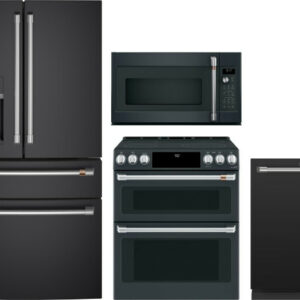 Cafe 4 Piece Kitchen Appliances Package with French Door Refrigerator, Electric Range, Over the Range Microwave and Dishwasher in Matte Black CAFRERAD