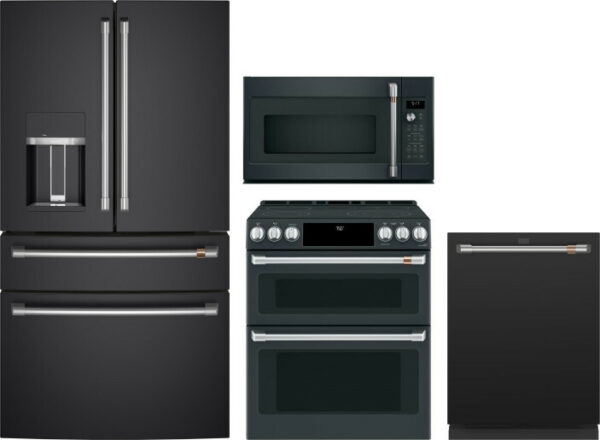 Cafe 4 Piece Kitchen Appliances Package with French Door Refrigerator, Electric Range, Over the Range Microwave and Dishwasher in Matte Black CAFRERAD