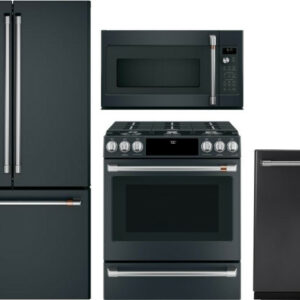 Cafe 4 Piece Kitchen Appliances Package with French Door Refrigerator, Gas Range, Dishwasher and Over the Range Microwave in Matte Black CAFRERADWMW21