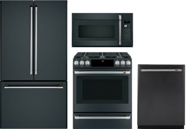 Cafe 4 Piece Kitchen Appliances Package with French Door Refrigerator, Gas Range, Dishwasher and Over the Range Microwave in Matte Black CAFRERADWMW21