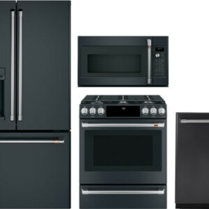 Cafe 4 Piece Kitchen Appliances Package with French Door Refrigerator, Gas Range, Dishwasher and Over the Range Microwave in Matte Black CAFRERADWMW22