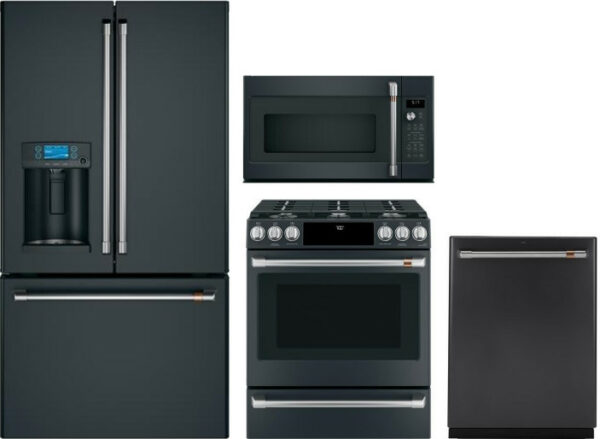 Cafe 4 Piece Kitchen Appliances Package with French Door Refrigerator, Gas Range, Dishwasher and Over the Range Microwave in Matte Black CAFRERADWMW22