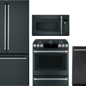 Cafe 4 Piece Kitchen Appliances Package with French Door Refrigerator, Gas Range, Dishwasher and Over the Range Microwave in Matte Black CAFRERADWMW79