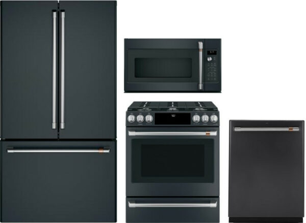 Cafe 4 Piece Kitchen Appliances Package with French Door Refrigerator, Gas Range, Dishwasher and Over the Range Microwave in Matte Black CAFRERADWMW79