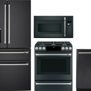 Cafe 4 Piece Kitchen Appliances Package with French Door Refrigerator, Gas Range, Dishwasher and Over the Range Microwave in Matte Black CAFRERADWMW93