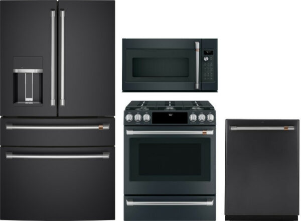 Cafe 4 Piece Kitchen Appliances Package with French Door Refrigerator, Gas Range, Dishwasher and Over the Range Microwave in Matte Black CAFRERADWMW93