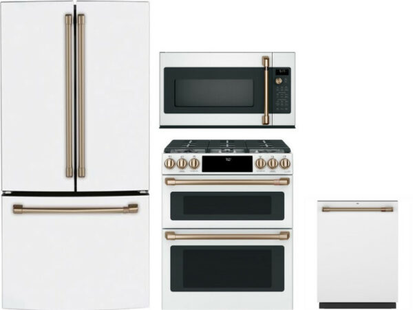 Cafe 4 Piece Kitchen Appliances Package with French Door Refrigerator, Gas Range, Dishwasher and Over the Range Microwave in Matte White CAFRERADWMW40