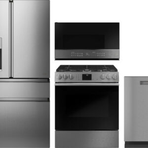 Cafe 4 Piece Kitchen Appliances Package with French Door Refrigerator, Gas Range, Dishwasher and Over the Range Microwave in Platinum Glass CAFRERADWM