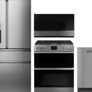 Cafe 4 Piece Kitchen Appliances Package with French Door Refrigerator, Gas Range, Over the Range Microwave and Dishwasher in Platinum Glass CAFRERADWM