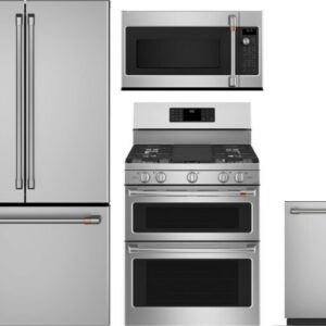 Cafe 4 Piece Kitchen Appliances Package with French Door Refrigerator, Gas Range, Over the Range Microwave and Dishwasher in Stainless Steel CAFRERADW