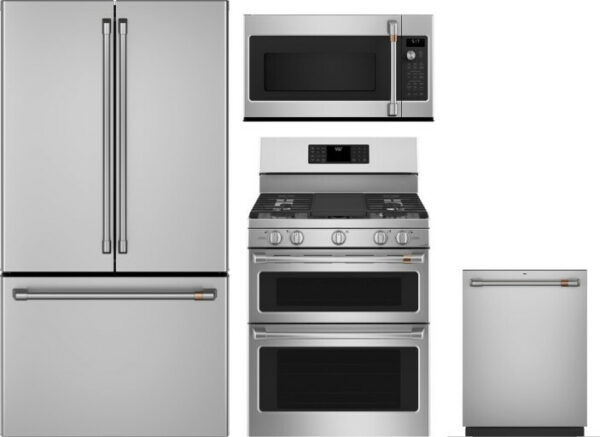 Cafe 4 Piece Kitchen Appliances Package with French Door Refrigerator, Gas Range, Over the Range Microwave and Dishwasher in Stainless Steel CAFRERADW