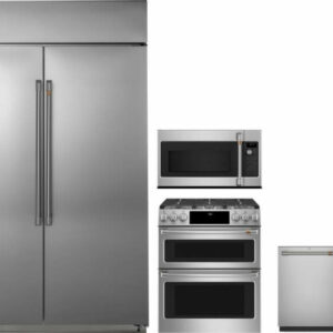 Cafe 4 Piece Kitchen Appliances Package with Side-by-Side Refrigerator, Gas Range, Over the Range Microwave and Dishwasher in Stainless Steel CAFRERAM