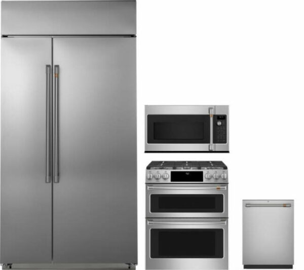 Cafe 4 Piece Kitchen Appliances Package with Side-by-Side Refrigerator, Gas Range, Over the Range Microwave and Dishwasher in Stainless Steel CAFRERAM