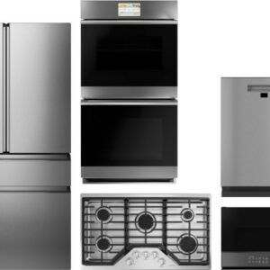 Cafe 5 Piece Kitchen Appliances Package with French Door Refrigerator, Dishwasher and Over the Range Microwave in Platinum Glass CAFERECOWODWHO102425