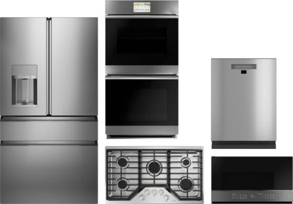 Cafe 5 Piece Kitchen Appliances Package with French Door Refrigerator, Dishwasher and Over the Range Microwave in Platinum Glass CAFERECOWODWHO102425