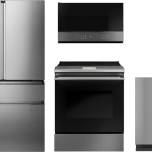 Cafe Modern Glass 4 Piece Kitchen Appliances Package with French Door Refrigerator, Electric Range, Dishwasher and Over the Range Microwave in Platinu