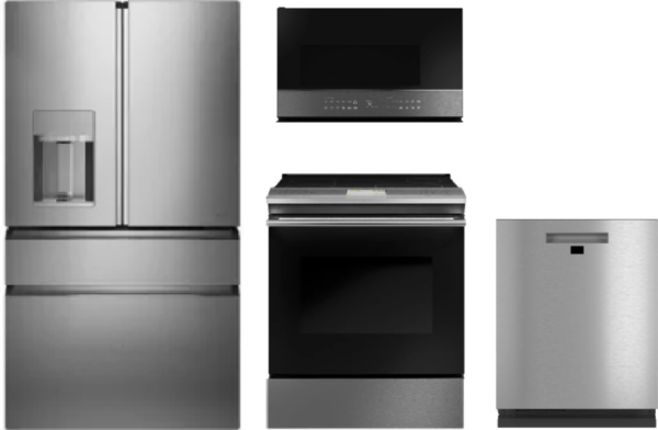 Cafe Modern Glass 4 Piece Kitchen Appliances Package with French Door Refrigerator, Electric Range, Dishwasher and Over the Range Microwave in Platinu