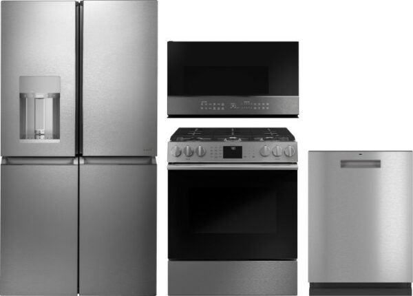 Cafe Modern Glass 4 Piece Kitchen Appliances Package with French Door Refrigerator, Gas Range, Dishwasher and Over the Range Microwave in Platinum Gla