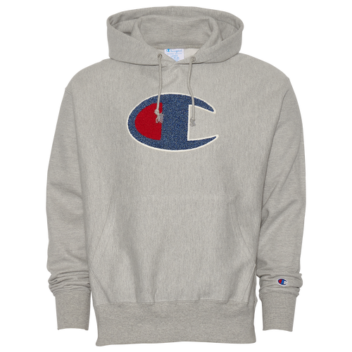 Champion Mens Champion Reverse Weave Chenille Logo Crew - Mens Oxford Grey/Red Size M