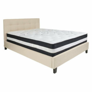 Chelsea Queen Size Upholstered Platform Bed & Mattress Set, Beige Fabr