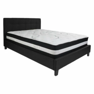 Chelsea Queen Size Upholstered Platform Bed & Mattress Set, Black Fabr