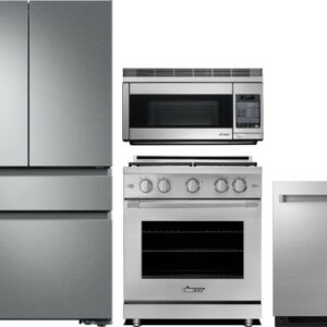 Dacor 4 Piece Kitchen Appliances Package with French Door Refrigerator, Gas Range, Dishwasher and Over the Range Microwave in Stainless Steel DARERADW