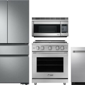 Dacor Professional 4 Piece Kitchen Appliances Package with Gas Range, French Door Refrigerator, Over the Range Microwave and Dishwasher in Stainless S