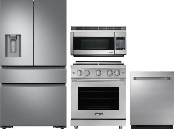 Dacor Professional 4 Piece Kitchen Appliances Package with Gas Range, French Door Refrigerator, Over the Range Microwave and Dishwasher in Stainless S