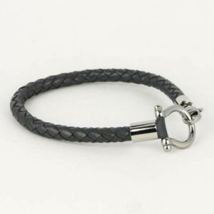 Dark Grey Leather Bracelet with Small Stainless Steel "D" Clamp Closure