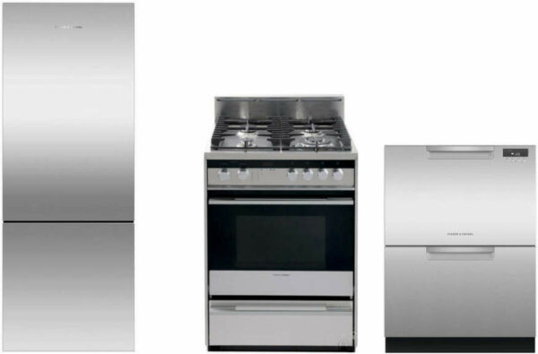 Fisher & Paykel 3 Piece Kitchen Appliances Package with Bottom Freezer Refrigerator, Gas Range and Dishwasher in Stainless Steel FPRERADW27