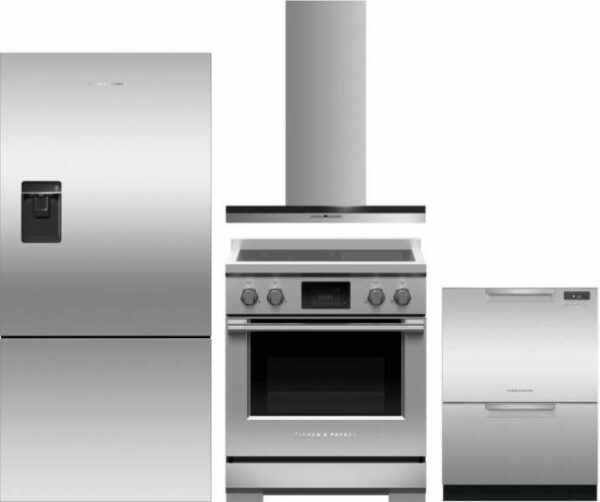 Fisher & Paykel 4 Piece Kitchen Appliances Package with Bottom Freezer Refrigerator, Electric Range and Dishwasher in Stainless Steel FPRERADWRH3014