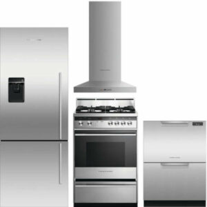 Fisher & Paykel 4 Piece Kitchen Appliances Package with Bottom Freezer Refrigerator, Gas Range and Dishwasher in Stainless Steel FPRERADWRH1200