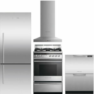 Fisher & Paykel 4 Piece Kitchen Appliances Package with Bottom Freezer Refrigerator, Gas Range and Dishwasher in Stainless Steel FPRERADWRH1202