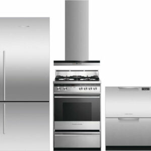 Fisher & Paykel 4 Piece Kitchen Appliances Package with Bottom Freezer Refrigerator, Gas Range and Dishwasher in Stainless Steel FPRERADWRH1203