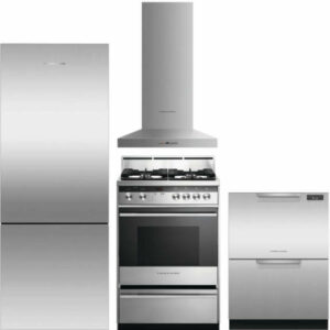 Fisher & Paykel 4 Piece Kitchen Appliances Package with Bottom Freezer Refrigerator, Gas Range and Dishwasher in Stainless Steel FPRERADWRH1204