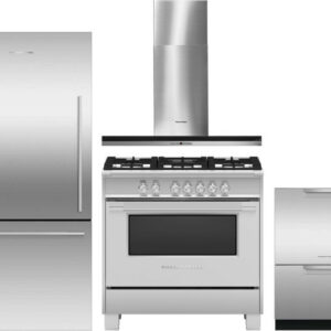 Fisher & Paykel 4 Piece Kitchen Appliances Package with Bottom Freezer Refrigerator, Gas Range and Dishwasher in Stainless Steel FPRERADWRH3011