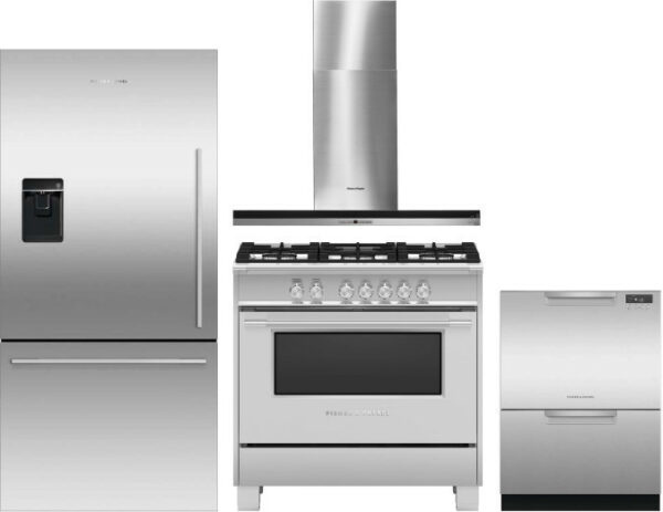 Fisher & Paykel 4 Piece Kitchen Appliances Package with Bottom Freezer Refrigerator, Gas Range and Dishwasher in Stainless Steel FPRERADWRH3011