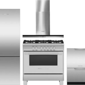 Fisher & Paykel 4 Piece Kitchen Appliances Package with Bottom Freezer Refrigerator, Gas Range and Dishwasher in Stainless Steel FPRERADWRH3025