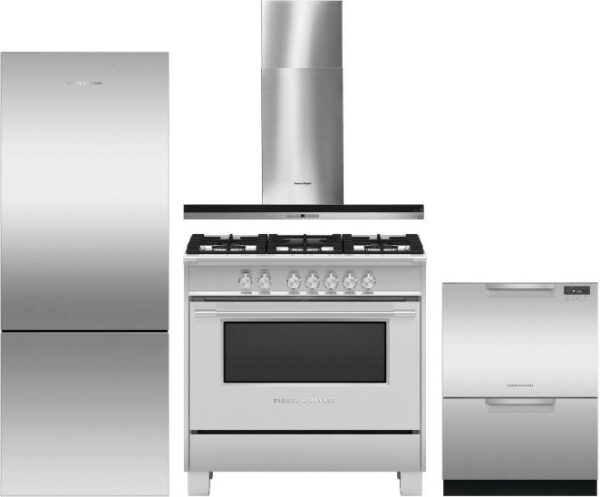 Fisher & Paykel 4 Piece Kitchen Appliances Package with Bottom Freezer Refrigerator, Gas Range and Dishwasher in Stainless Steel FPRERADWRH3025