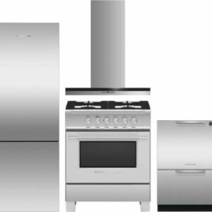 Fisher & Paykel 4 Piece Kitchen Appliances Package with Bottom Freezer Refrigerator, Gas Range and Dishwasher in Stainless Steel FPRERADWRH3027